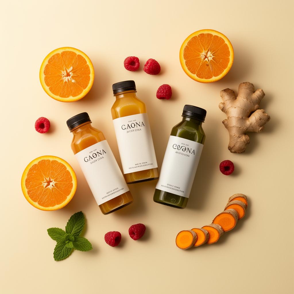 Premium juice bottles with fresh fruit ingredients